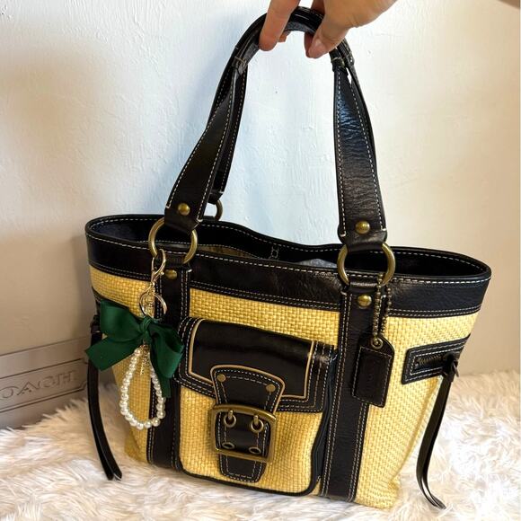 Vintage COACH y2k Black Natural Legacy Straw Tote Bag - Picture 1 of 9